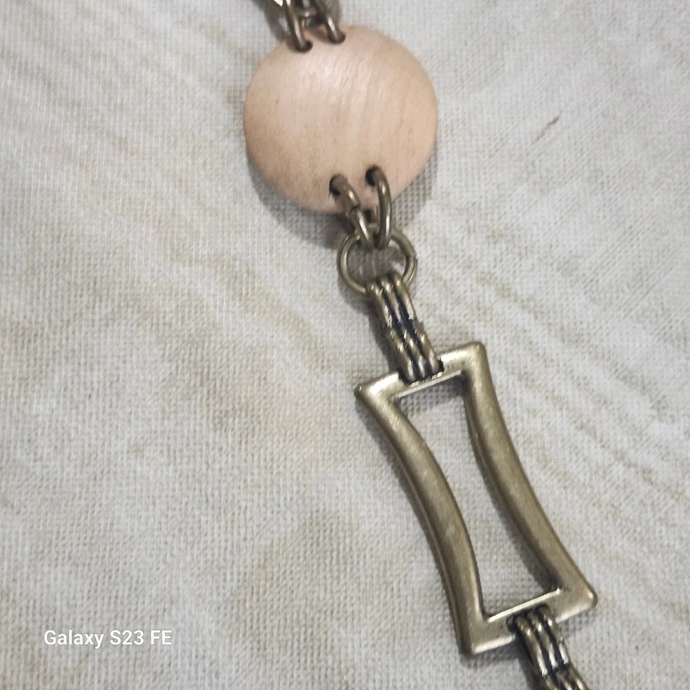 Vtg Y2K Brass Chain Link Hip Belt Womens OS Brown Wood Disc‎ Boho Whimsygoth